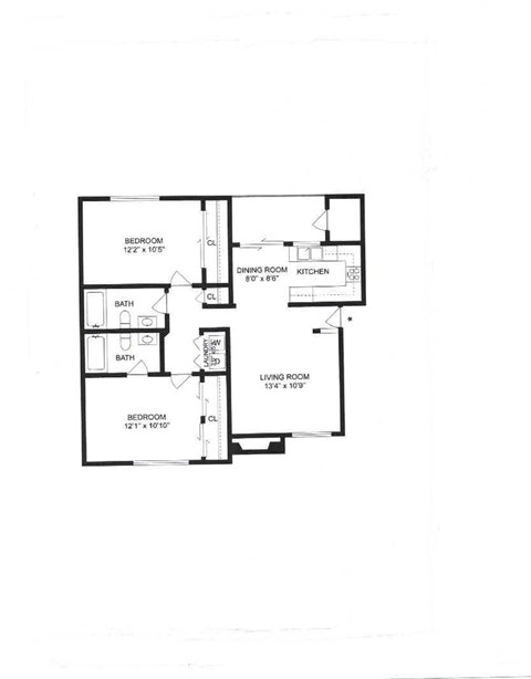 A floor plan of a house with a bedroom, bathroom, living room and kitchen.