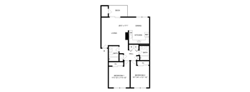 A black and white image of a floor plan for a two bedroom apartment.