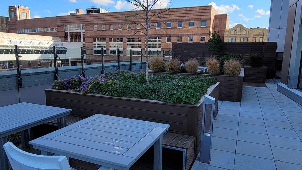a patio with tables and plants on a rooftop