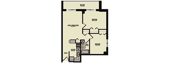A floor plan of a home with a balcony, two bedrooms, a living/dining room, a kitchen, and a bathroom.