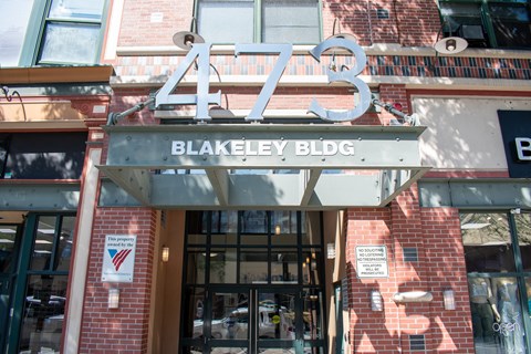 The Blakeley building has a red brick facade.