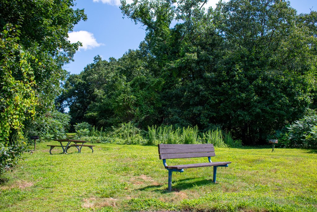 a bench in a grassy field with a picnic table in the background