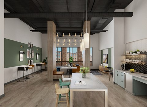 A modern kitchen with a dining table and chairs.