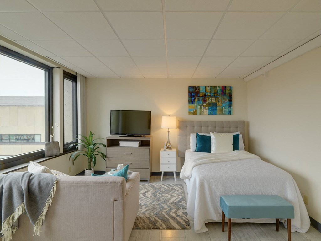 a bedroom with a bed and a couch and a tv