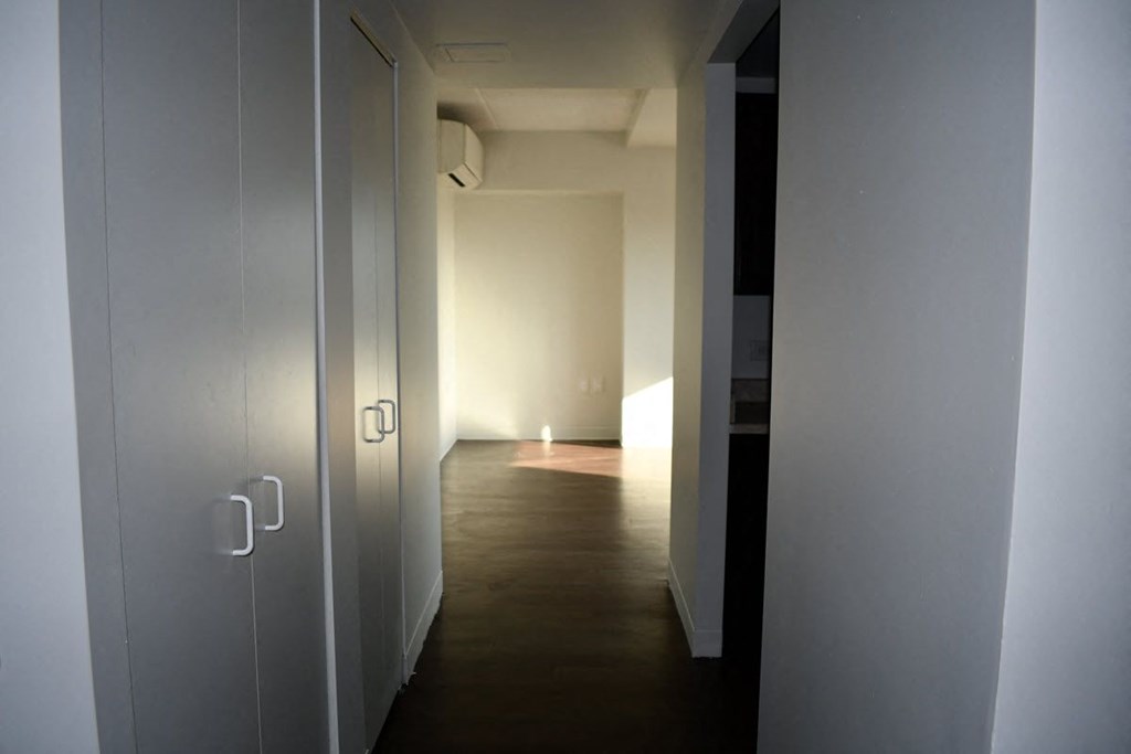 a hallway with white doors and a wood floor