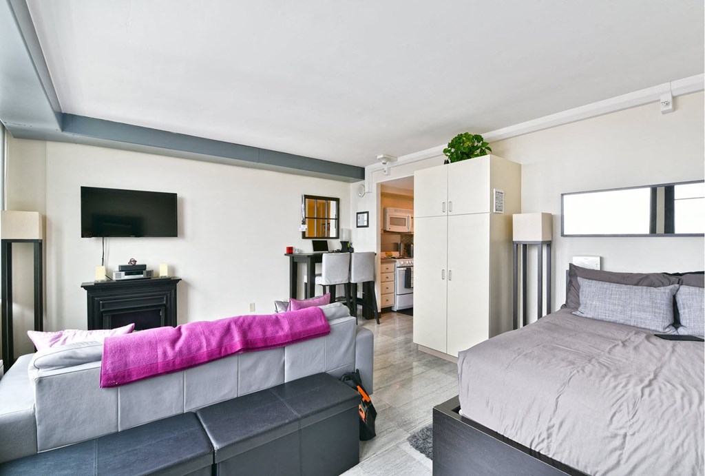 a bedroom with a bed and a couch and a living room