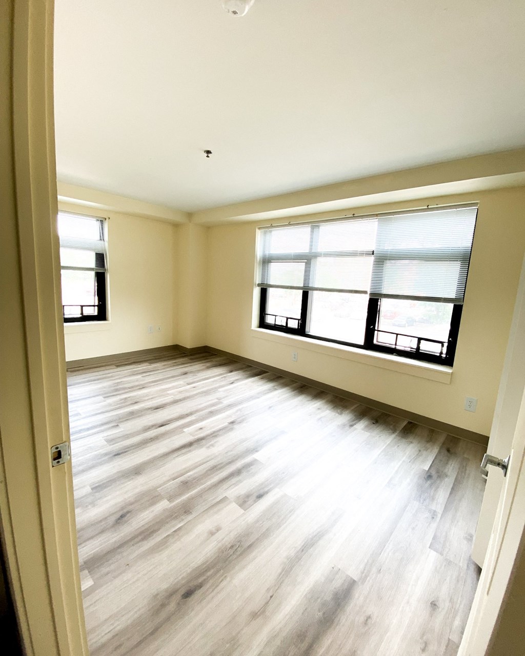 an empty living room with wood floors and two windows