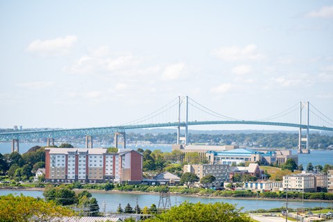 A bridge spans across a body of water with buildings in the foreground.