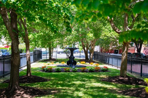 a fountain in the middle of a grassy area surrounded by trees