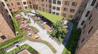 an aerial rendering of renovated and landscaped courtyard with tables and benches