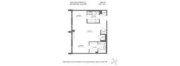 A floor plan for a 600 square foot unit at 2525 10th street N, Arlington, VA 22209.