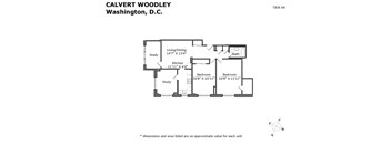 A floor plan for a property in Washington D.C. with a study, living/dining area, kitchen, and two bedrooms.