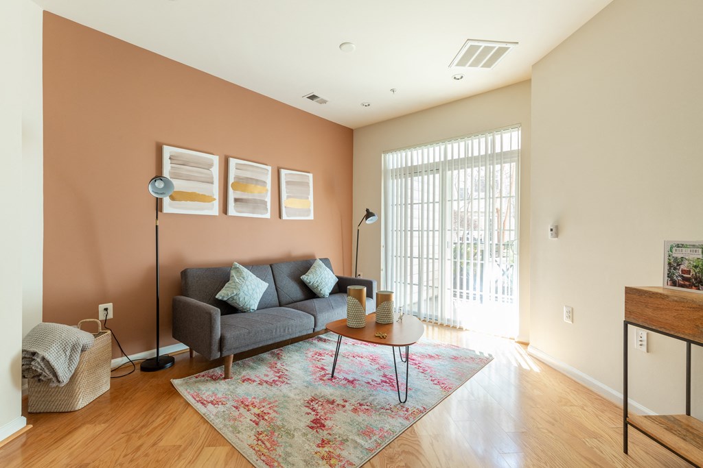 a living room with a couch and a coffee table and a rug