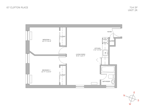 A floor plan for a unit at 67 Clifton Place shows a living room, a bedroom, a bathroom, and a kitchen.