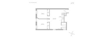 A floor plan for a unit at 67 Clifton Place shows a living room, a bedroom, a bathroom, and a kitchen.