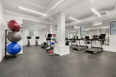 A gym with treadmills, exercise balls and weights.
