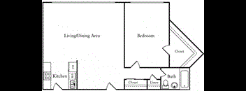 A floor plan of a room with a kitchen, living/dining area, and bedroom.