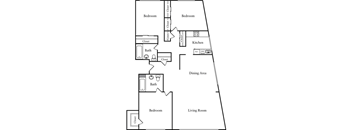 A black and white image of a house floor plan with two bedrooms, a living room, a kitchen, a dining area, and two bathrooms.