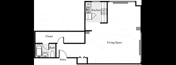 A floor plan of a small apartment with a kitchen, bathroom, and living space.