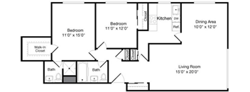 A floor plan of a house with a living room, two bedrooms, a bathroom, a kitchen, a dining area, and a walk-in closet.