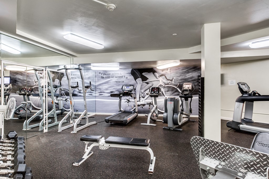 A gym with a variety of equipment including weights and cardio machines.