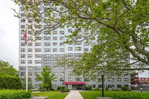 A tall building with a red awning sits in front of a tree with a flag on it.