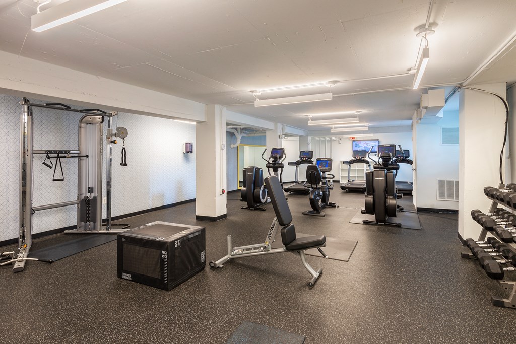 a gym with cardio machines and weights on the floor of a building