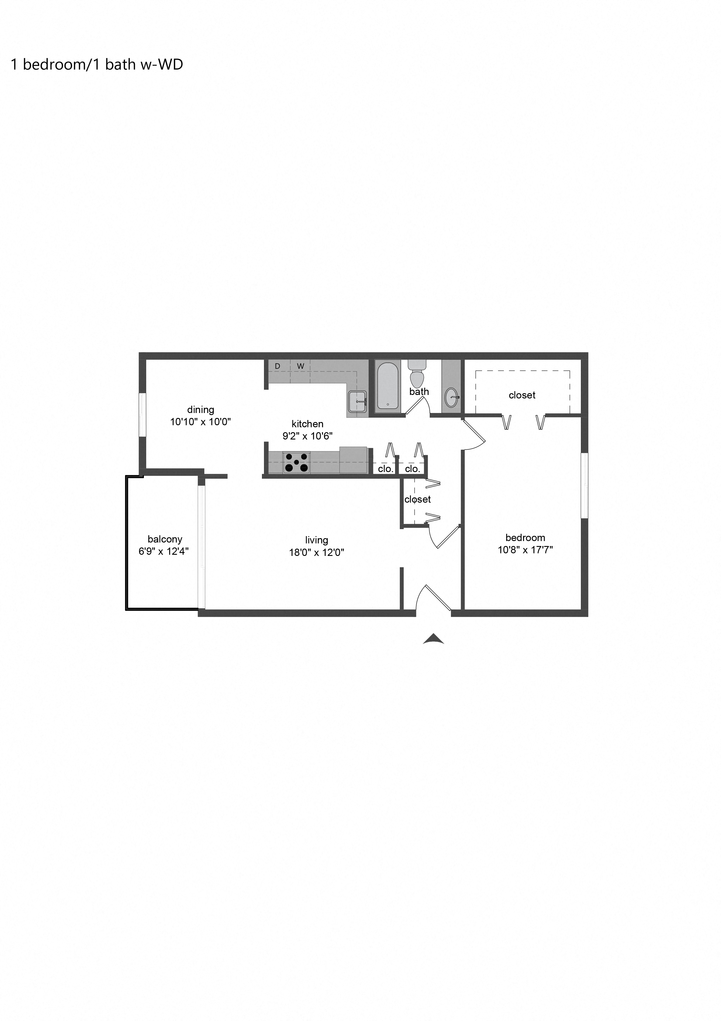 1 bedroom floorplan w WD