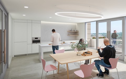 a rendering of a kitchen and dining room with people in it