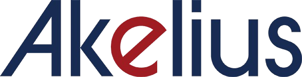 The image shows the word "Akeus" in large, bold letters with a red "e" and a dark blue background.