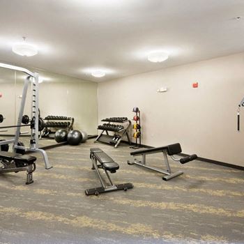 24-hour fitness center with free weights and cardio machines