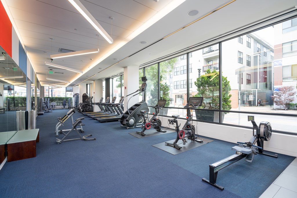 a gym with weights and exercise equipment in a building with large windows