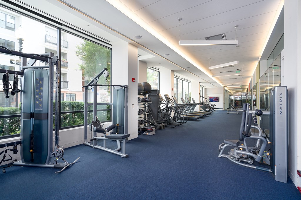 a fitness room with cardio machines and weights
