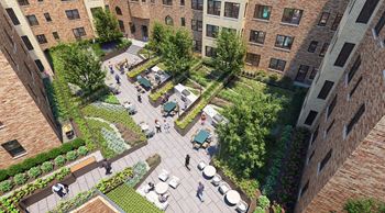 an aerial view of a courtyard