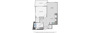 A floor plan of an apartment with a balcony, living/dining area, kitchen, bathroom, bedroom, and closet.