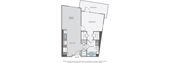 A floor plan of a home with a living/dining area, kitchen, bathroom, and bedroom.