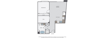A floor plan of a house with a bedroom, living/dining area, kitchen, bathroom, and entry.