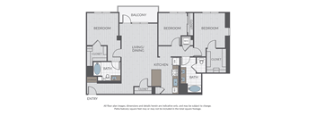 A floor plan of a house with a balcony, three bedrooms, a living/dining area, a kitchen, two bathrooms, and a storage area.