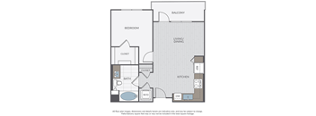 A floor plan of a small apartment with a bedroom, living room, kitchen, and bathroom.