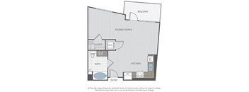 A floor plan of a house with a balcony, bathroom, kitchen, and flexible space.