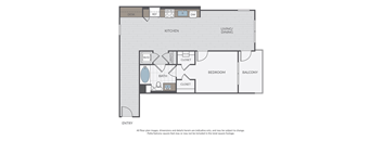 A floor plan of a house with a kitchen, living room, dining room, bathroom, and two bedrooms.