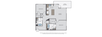 A floor plan of a home with a living room, dining room, kitchen, and two bedrooms.