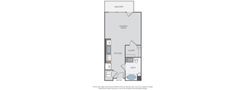 A floor plan of a room with a balcony, kitchen, bathroom, and entry.