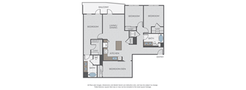 A floor plan of a house with a balcony, two bedrooms, a living/dining area, a kitchen, a bathroom, and an entry.