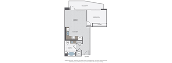A floor plan of a small apartment with a living area, kitchen, bathroom and bedroom.