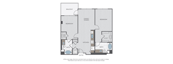 A floor plan of an apartment with a balcony, two bedrooms, a living/dining area, a kitchen, two bathrooms, and an entry.