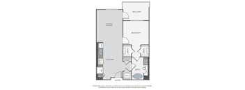 A floor plan of a house with a living area, kitchen, bathroom, and bedroom.