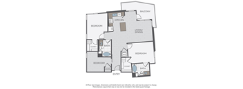 A floor plan of a house with a balcony, kitchen, living/dining area, and four bedrooms.