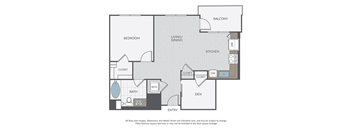 A floor plan of a house with a balcony, kitchen, living room, dining room, bedroom, bathroom, and den.
