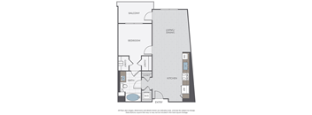 A floor plan of a home with a balcony, living/dining area, kitchen, bathroom, and bedroom.